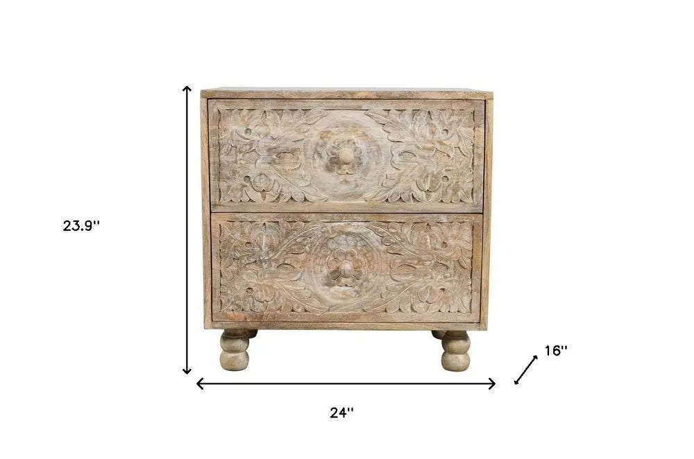 24" Natural Two Drawer Distressed Carved Floral Solid Wood Nightstand HomeRoots