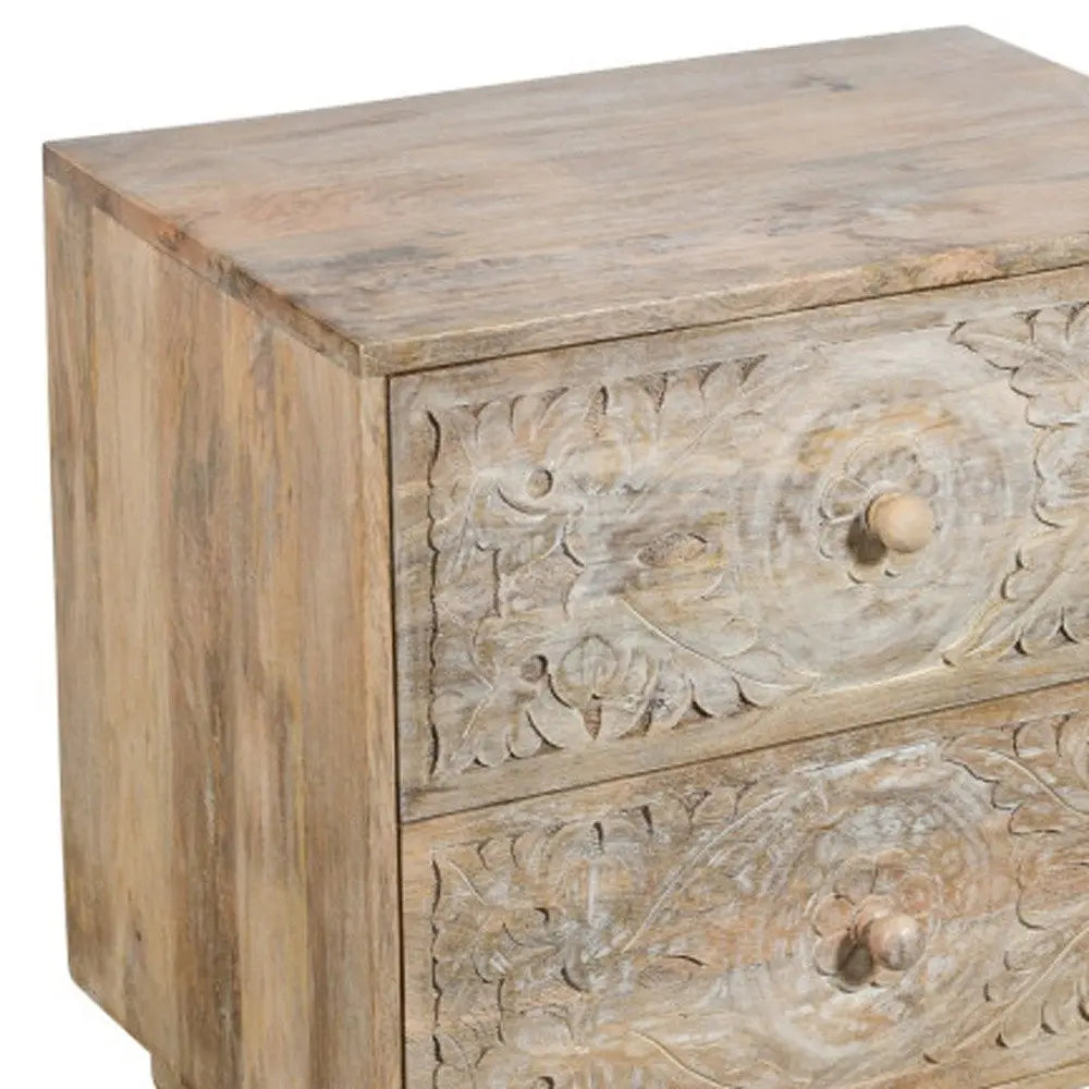 24" Natural Two Drawer Distressed Carved Floral Solid Wood Nightstand HomeRoots