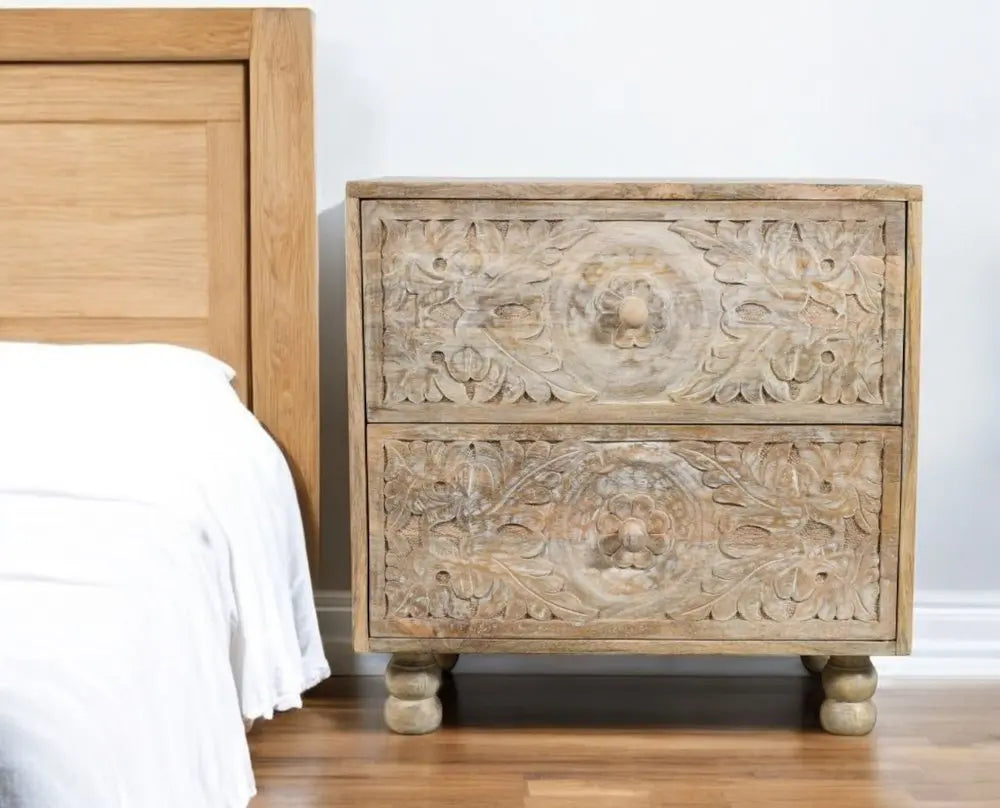 24" Natural Two Drawer Distressed Carved Floral Solid Wood Nightstand HomeRoots