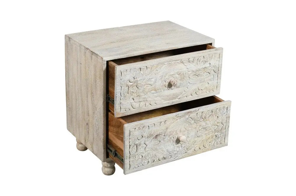 24" Natural And White Solid Wood Distressed Carved Scrollwork Two Drawer Nightstand HomeRoots