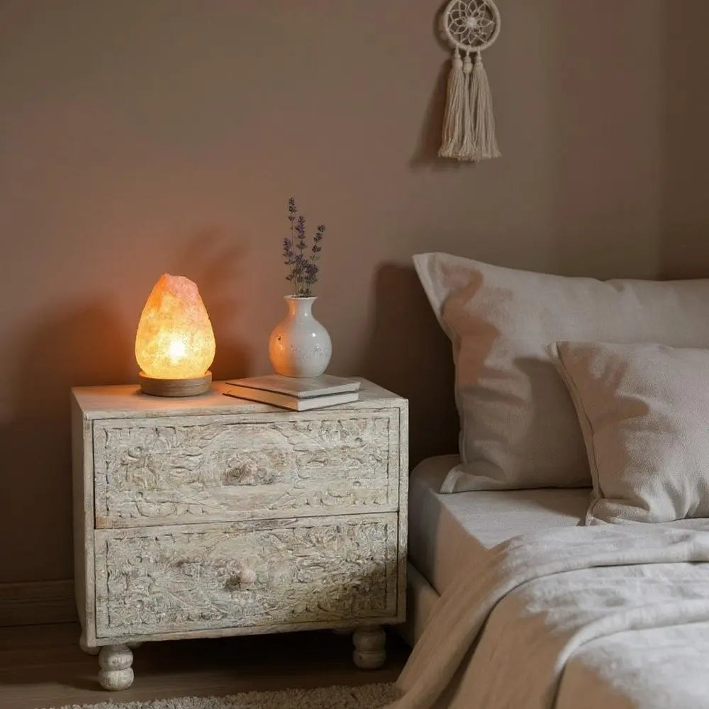 24" Natural And White Solid Wood Distressed Carved Scrollwork Two Drawer Nightstand HomeRoots