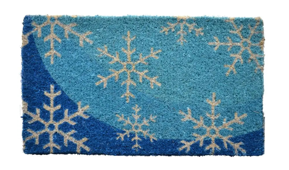 Felpudo de invierno para exteriores con diseño de copos de nieve de fibra de coco azul y blanco de 45 x 76 cm
