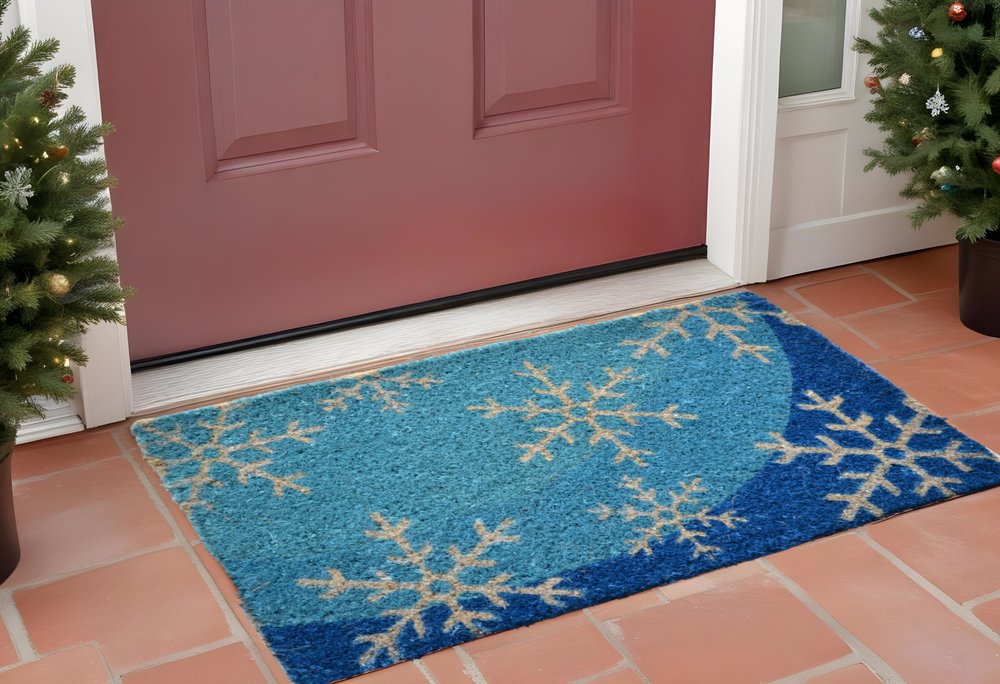Felpudo de invierno para exteriores con diseño de copos de nieve de fibra de coco azul y blanco de 45 x 76 cm