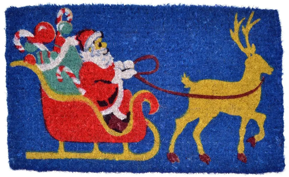 18" X 30" Blue and Yellow Coir Santa Claus Outdoor Holiday Door Mat HomeRoots
