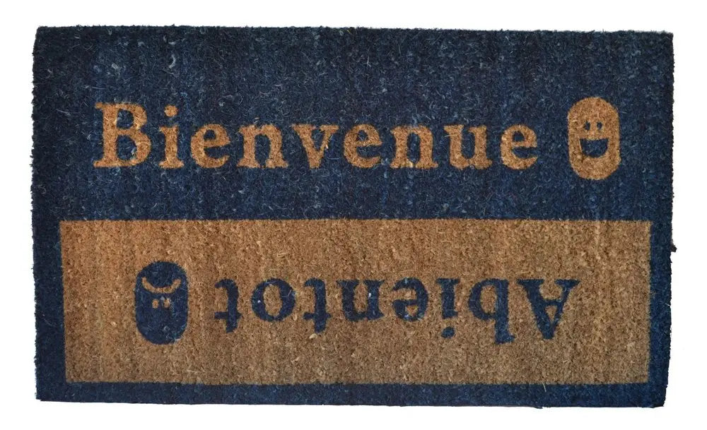 18" X 30" Brown and Blue Coir Bienvenue Abientot Outdoor Door Mat HomeRoots