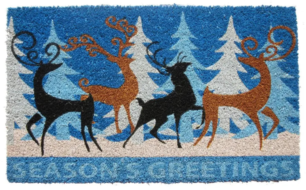 18" X 30" Blue Coir Deer Seasons Greetings Outdoor Holiday Door Mat HomeRoots