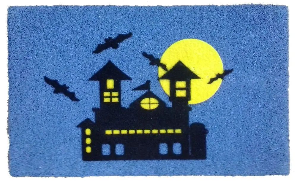 18" X 30" Blue and Black Coir Spooky House Outdoor Halloween Door Mat HomeRoots