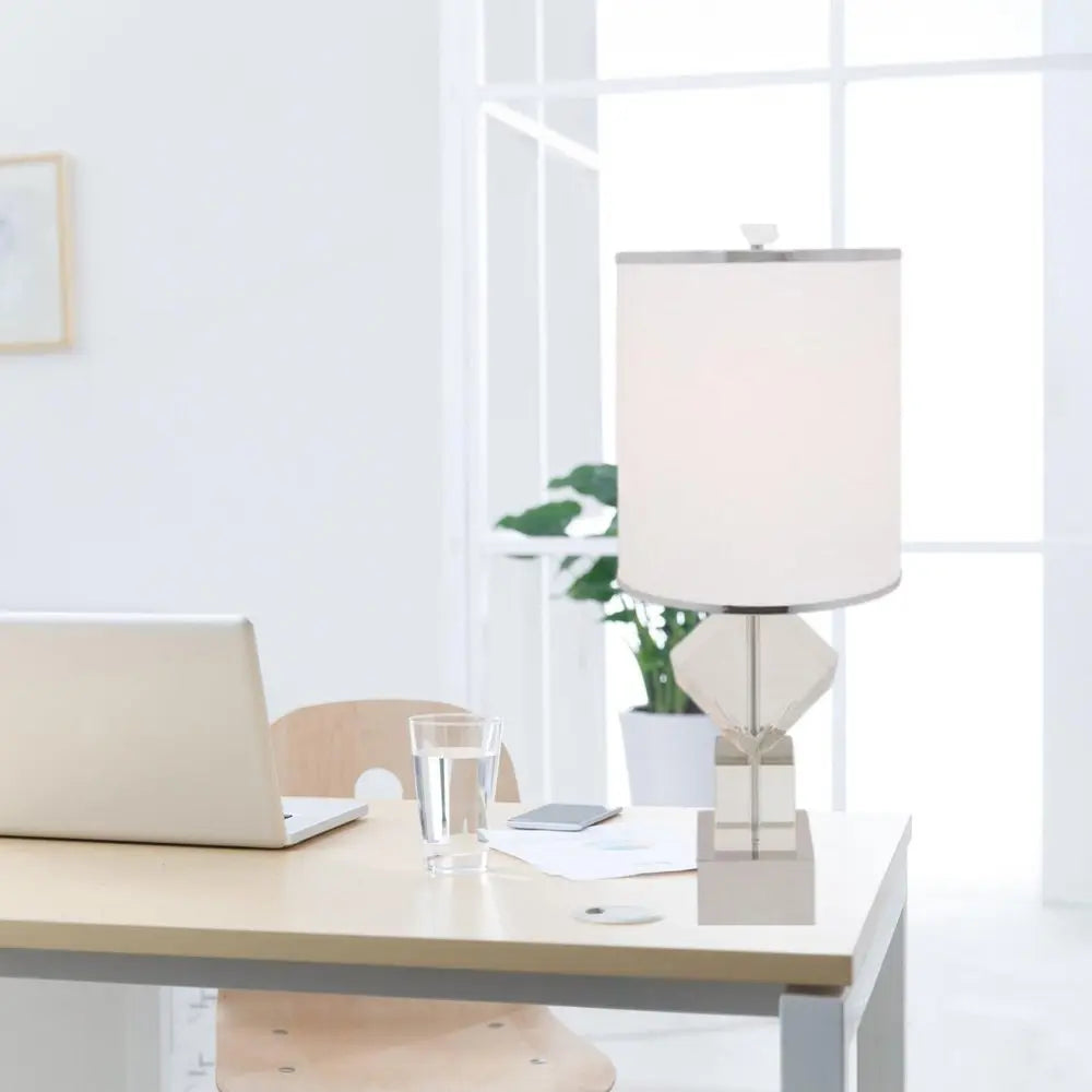 31" Clear And Silver Faux Crystal Geometric Table Lamp LED With White Drum Shade HomeRoots