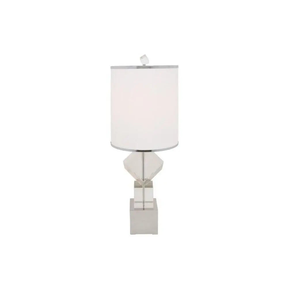 31" Clear And Silver Faux Crystal Geometric Table Lamp LED With White Drum Shade HomeRoots