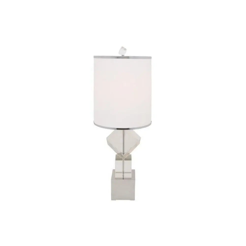 31" Clear And Silver Faux Crystal Geometric Table Lamp LED With White Drum Shade HomeRoots