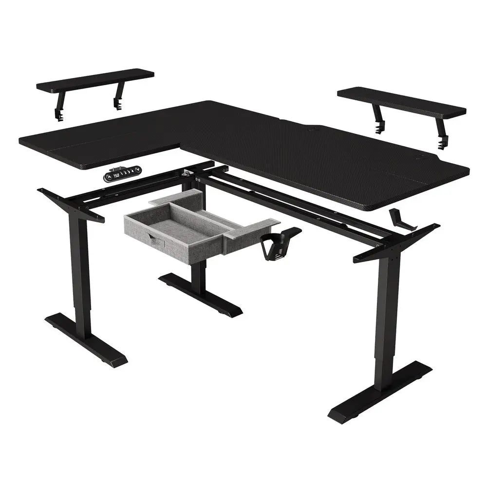 Adjustable Oak and Beige Wood and Metal Corner Rolling T-Shape Standing Desk HomeRoots