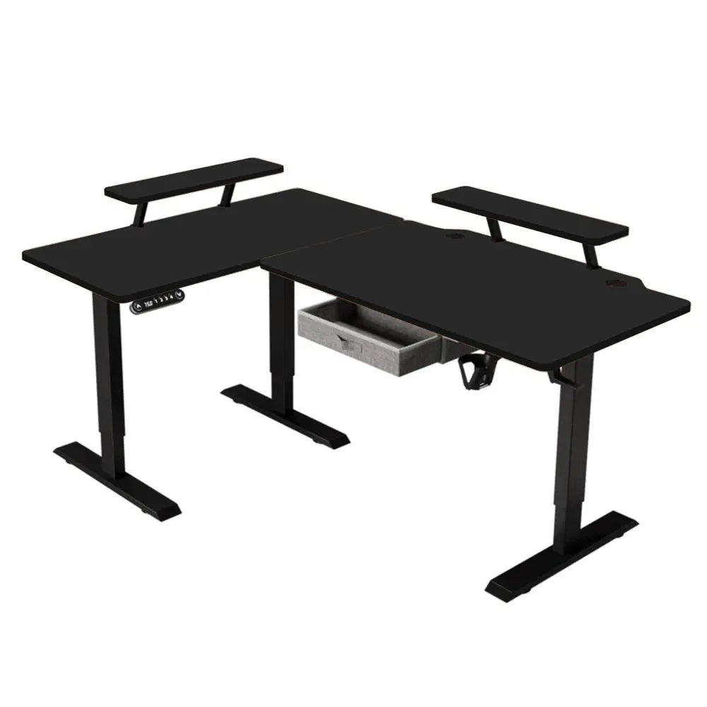 Adjustable Oak and Beige Wood and Metal Corner Rolling T-Shape Standing Desk HomeRoots