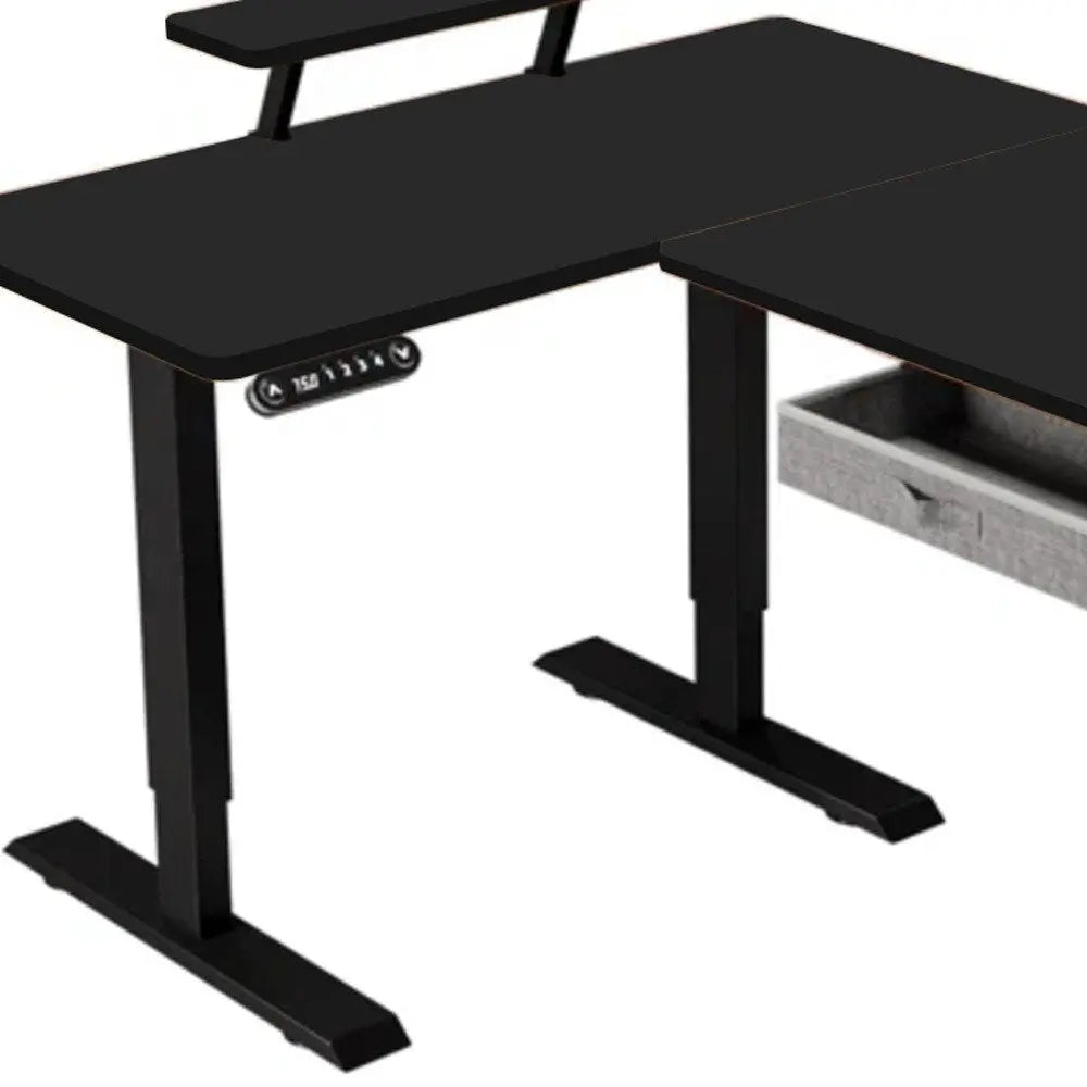 Adjustable Oak and Beige Wood and Metal Corner Rolling T-Shape Standing Desk HomeRoots