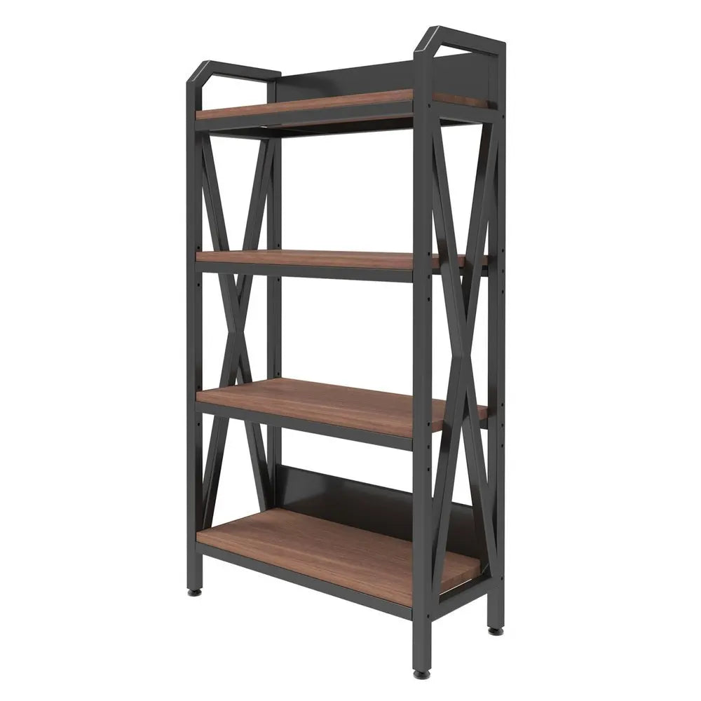 56" Black And Brown Metal and Wood Four Tier Etagere Bookcase - NOBLE HOME INTERIORS