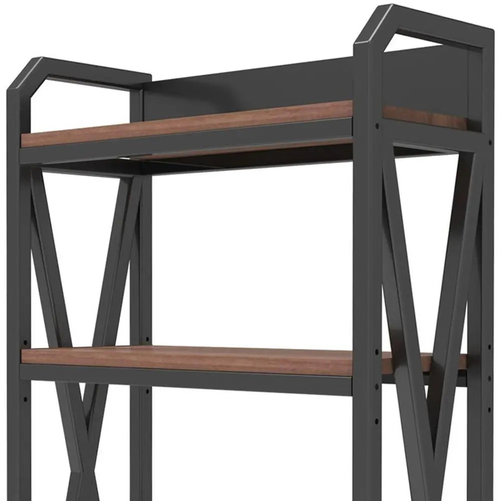 56" Black And Brown Metal and Wood Four Tier Etagere Bookcase - NOBLE HOME INTERIORS