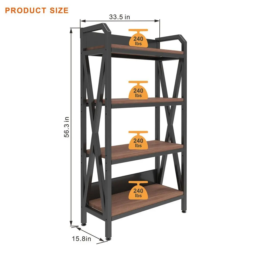 56" Black And Brown Metal and Wood Four Tier Etagere Bookcase - NOBLE HOME INTERIORS