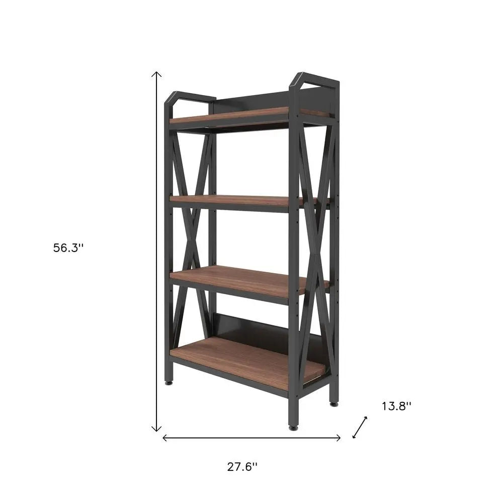 56" Black And Brown Metal and Wood Four Tier Etagere Bookcase - NOBLE HOME INTERIORS