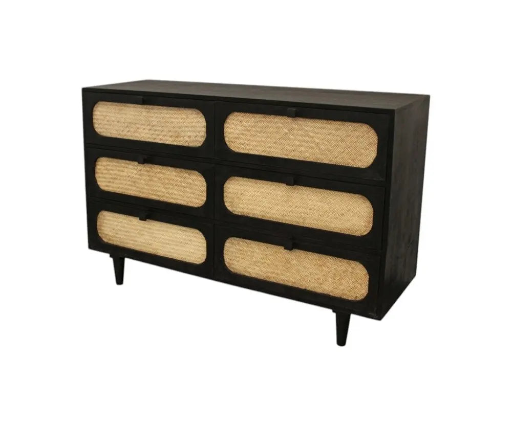 56" Black And Natural Solid Wood And Rattan Six Drawer Double Dresser - NOBLE HOME INTERIORS