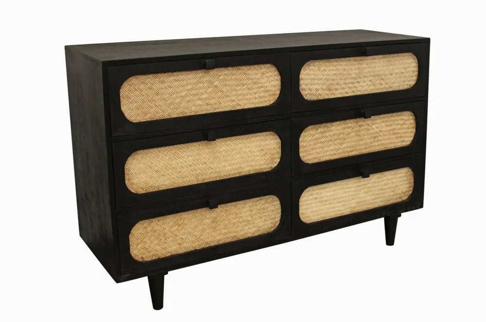 56" Black And Natural Solid Wood And Rattan Six Drawer Double Dresser - NOBLE HOME INTERIORS