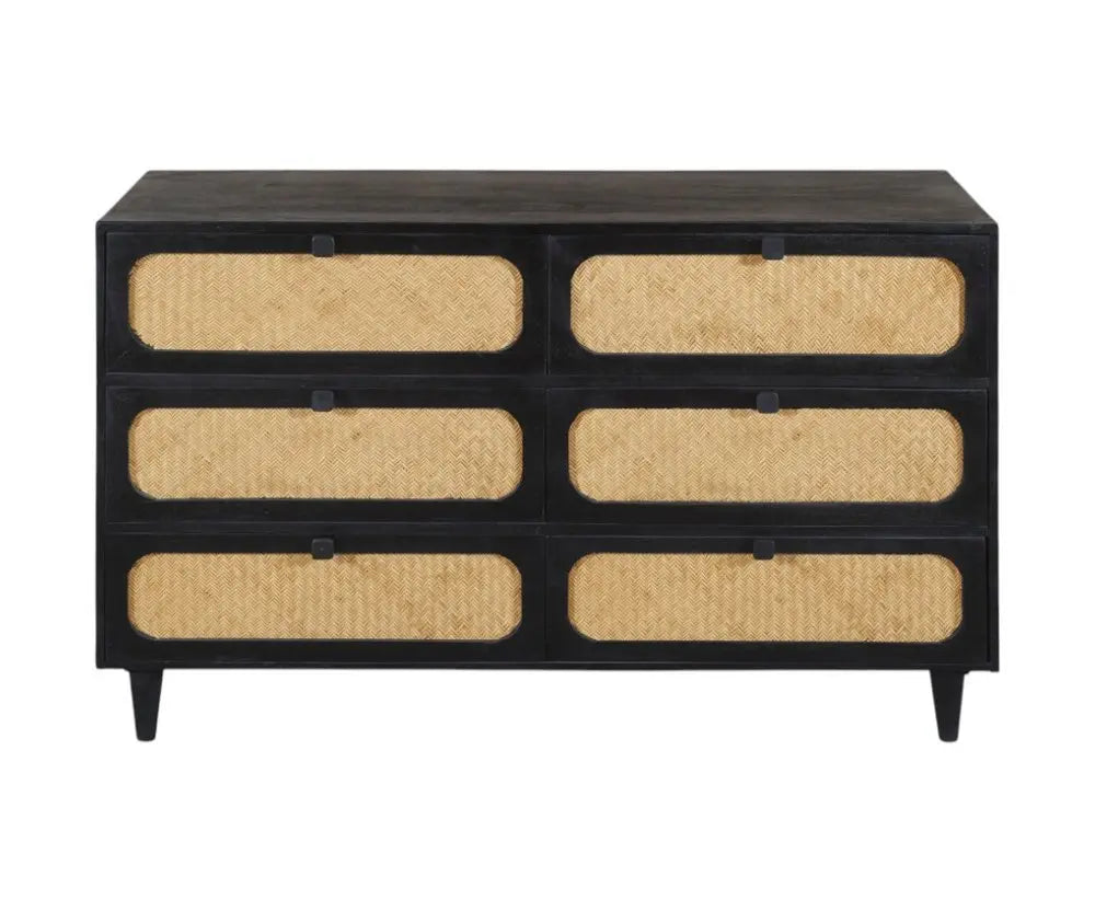 56" Black And Natural Solid Wood And Rattan Six Drawer Double Dresser - NOBLE HOME INTERIORS