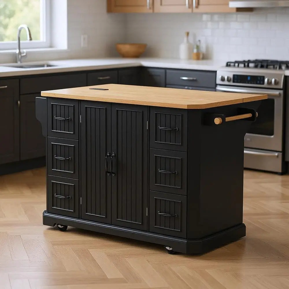 56" Black Wood Barn Door Rolling Kitchen Island - NOVA HOME FURNITURE