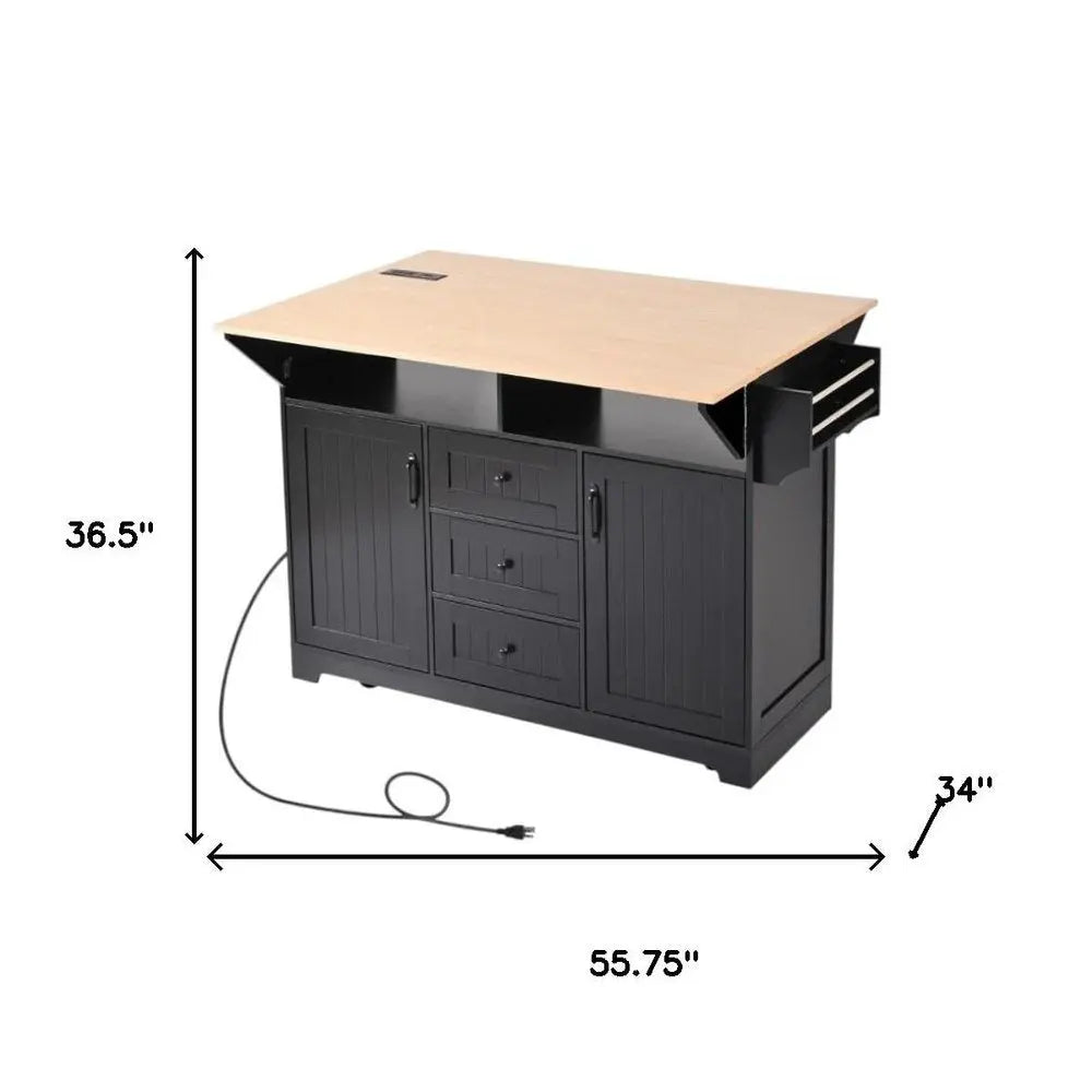56" Black Wood Barn Door Rolling Kitchen Island With Storage With USB - NOVA HOME FURNITURE