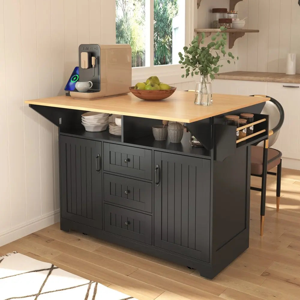 56" Black Wood Barn Door Rolling Kitchen Island With Storage With USB - NOVA HOME FURNITURE