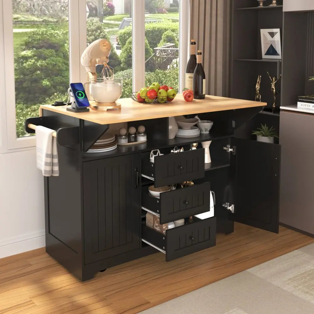 56" Black Wood Barn Door Rolling Kitchen Island With Storage With USB - NOVA HOME FURNITURE