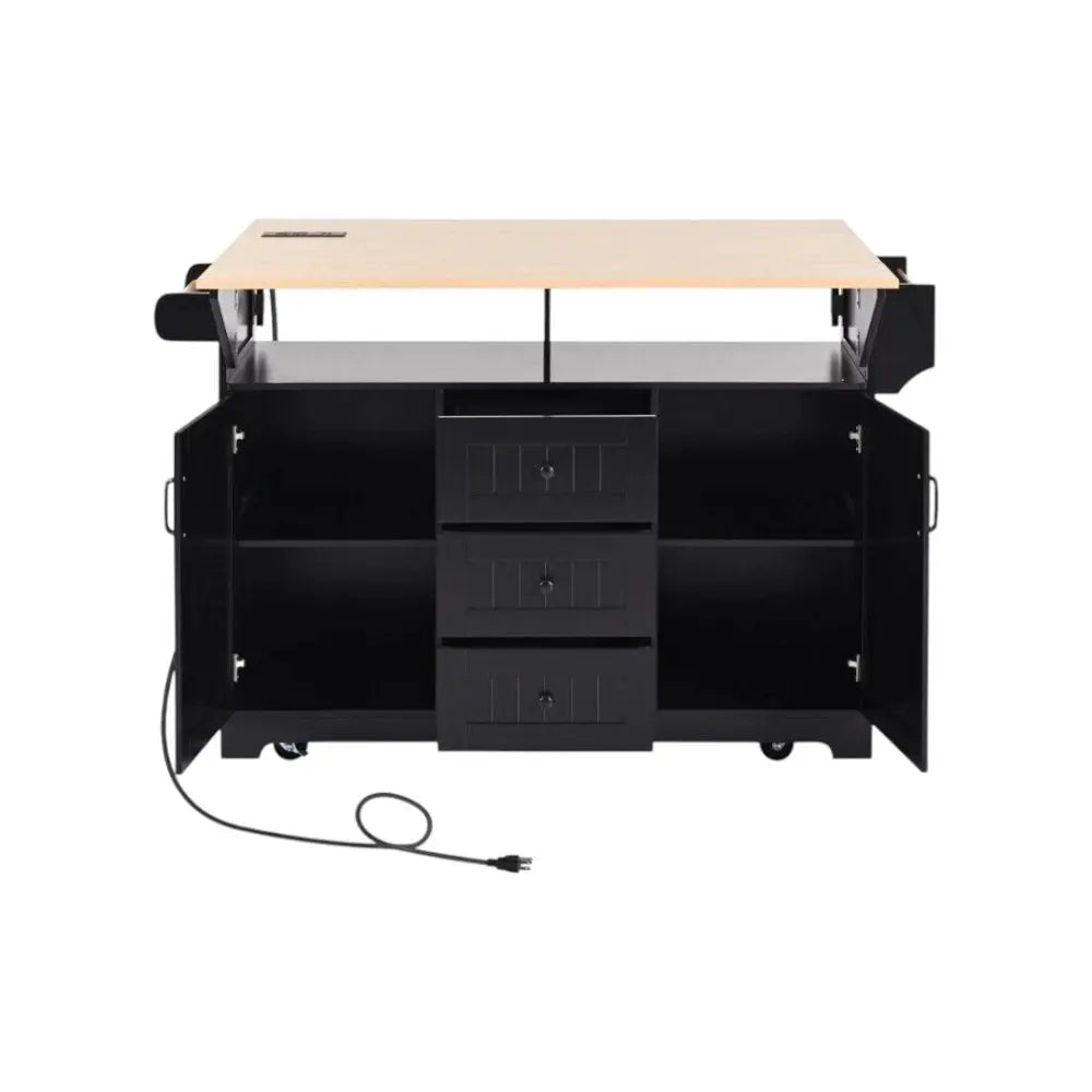 56" Black Wood Barn Door Rolling Kitchen Island With Storage With USB - NOVA HOME FURNITURE