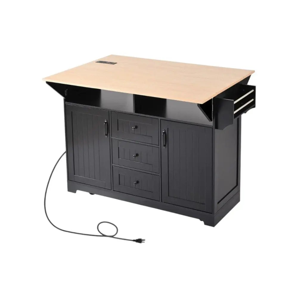 56" Black Wood Barn Door Rolling Kitchen Island With Storage With USB - NOVA HOME FURNITURE