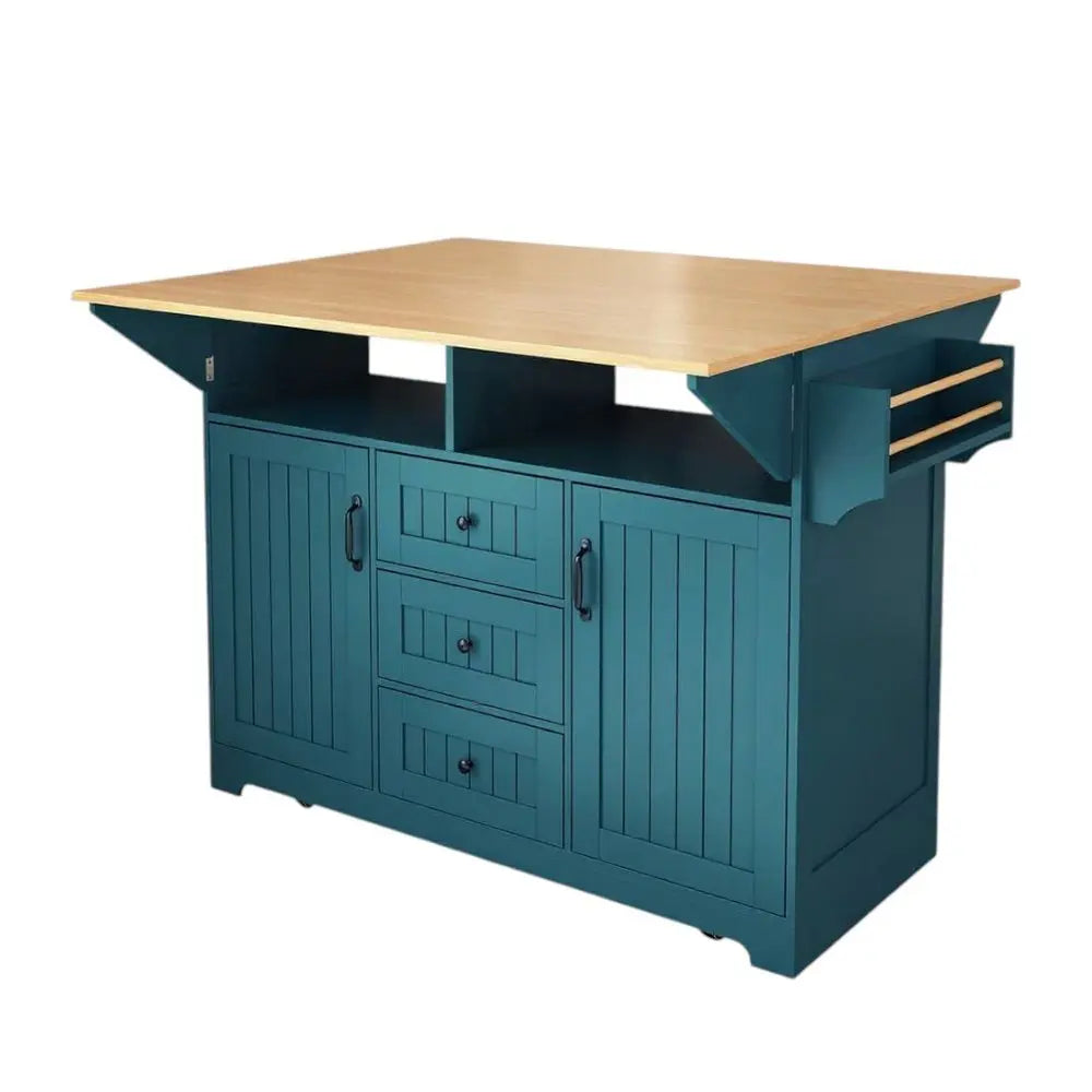 56" Teal Blue Wood Barn Door Rolling Kitchen Island With Storage With USB - NOVA HOME FURNITURE