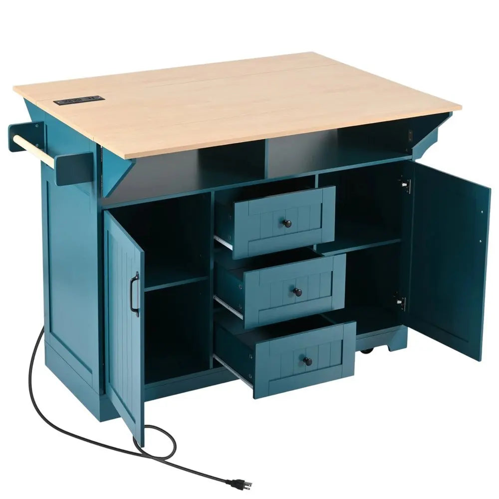 56" Teal Blue Wood Barn Door Rolling Kitchen Island With Storage With USB - NOVA HOME FURNITURE