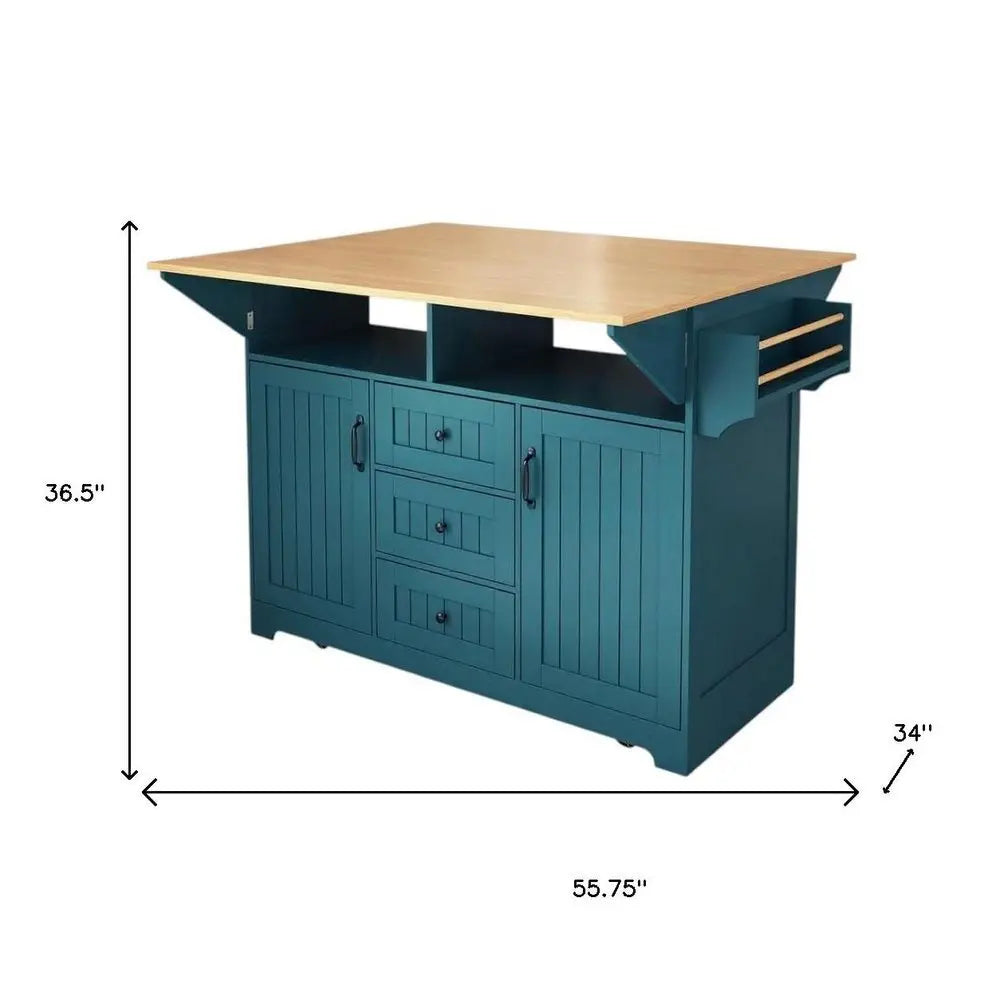 56" Teal Blue Wood Barn Door Rolling Kitchen Island With Storage With USB - NOVA HOME FURNITURE