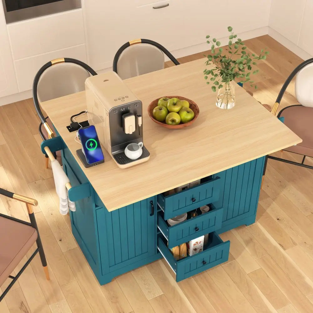 56" Teal Blue Wood Barn Door Rolling Kitchen Island With Storage With USB - NOVA HOME FURNITURE