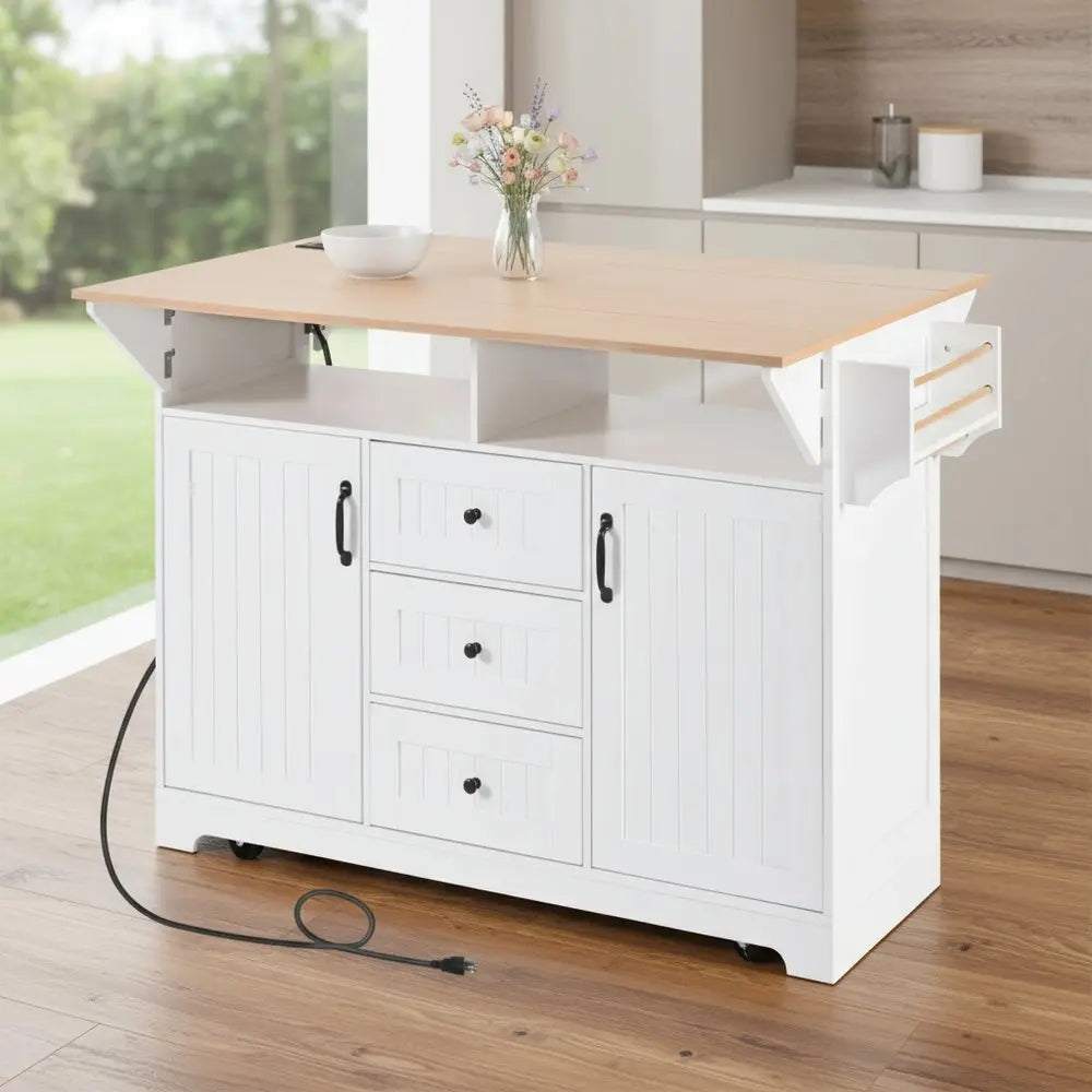 56" White Wood Barn Door Rolling Kitchen Island With Storage With USB - NOVA HOME FURNITURE