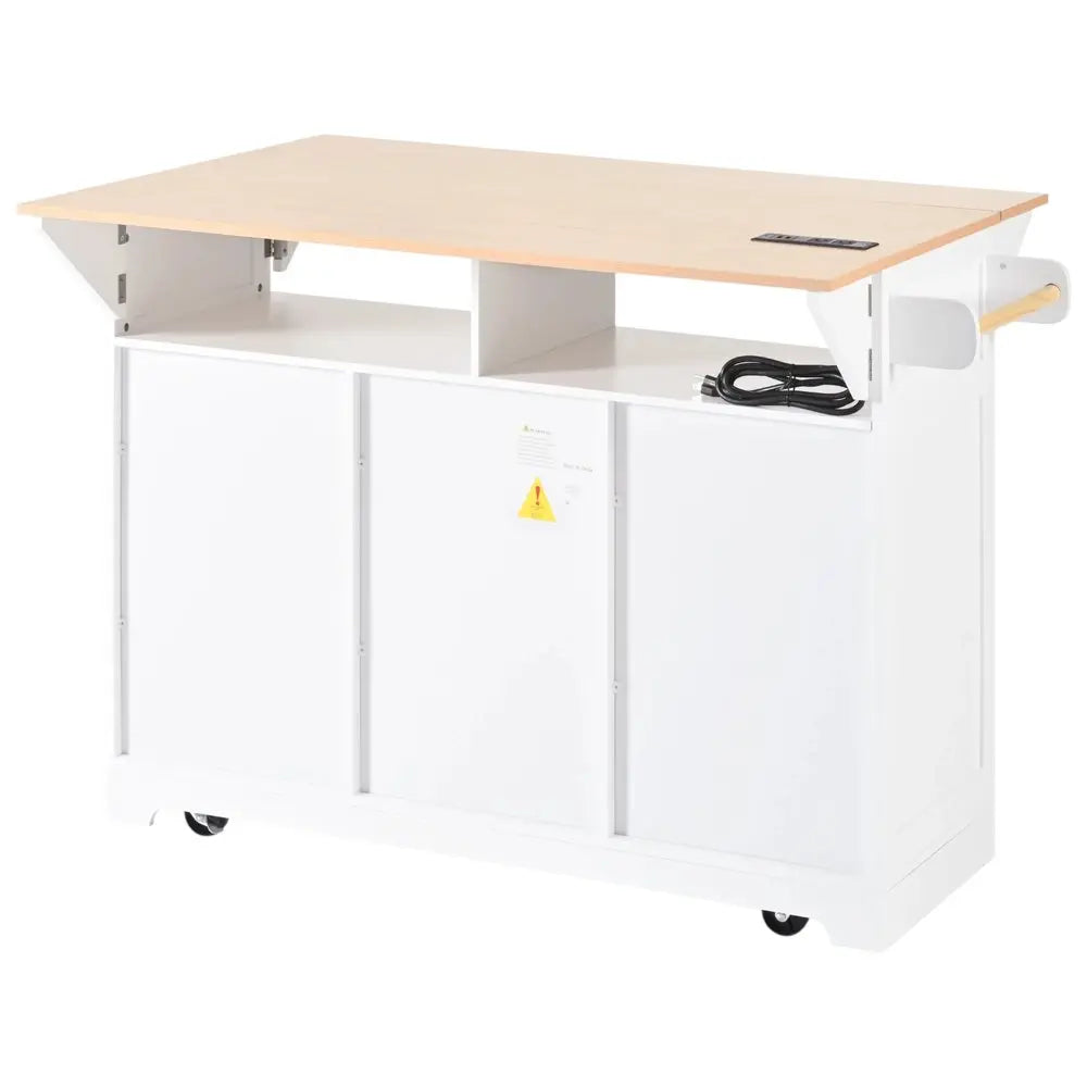56" White Wood Barn Door Rolling Kitchen Island With Storage With USB - NOVA HOME FURNITURE