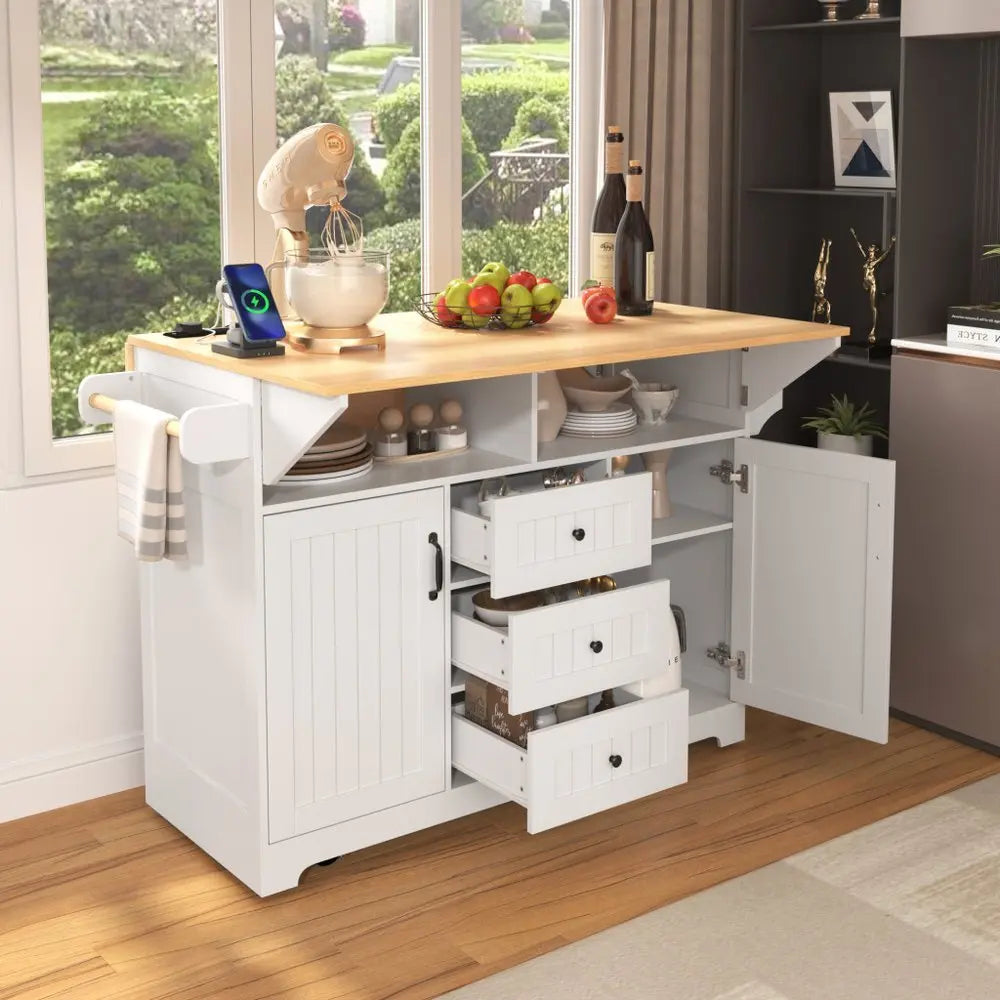 56" White Wood Barn Door Rolling Kitchen Island With Storage With USB - NOVA HOME FURNITURE