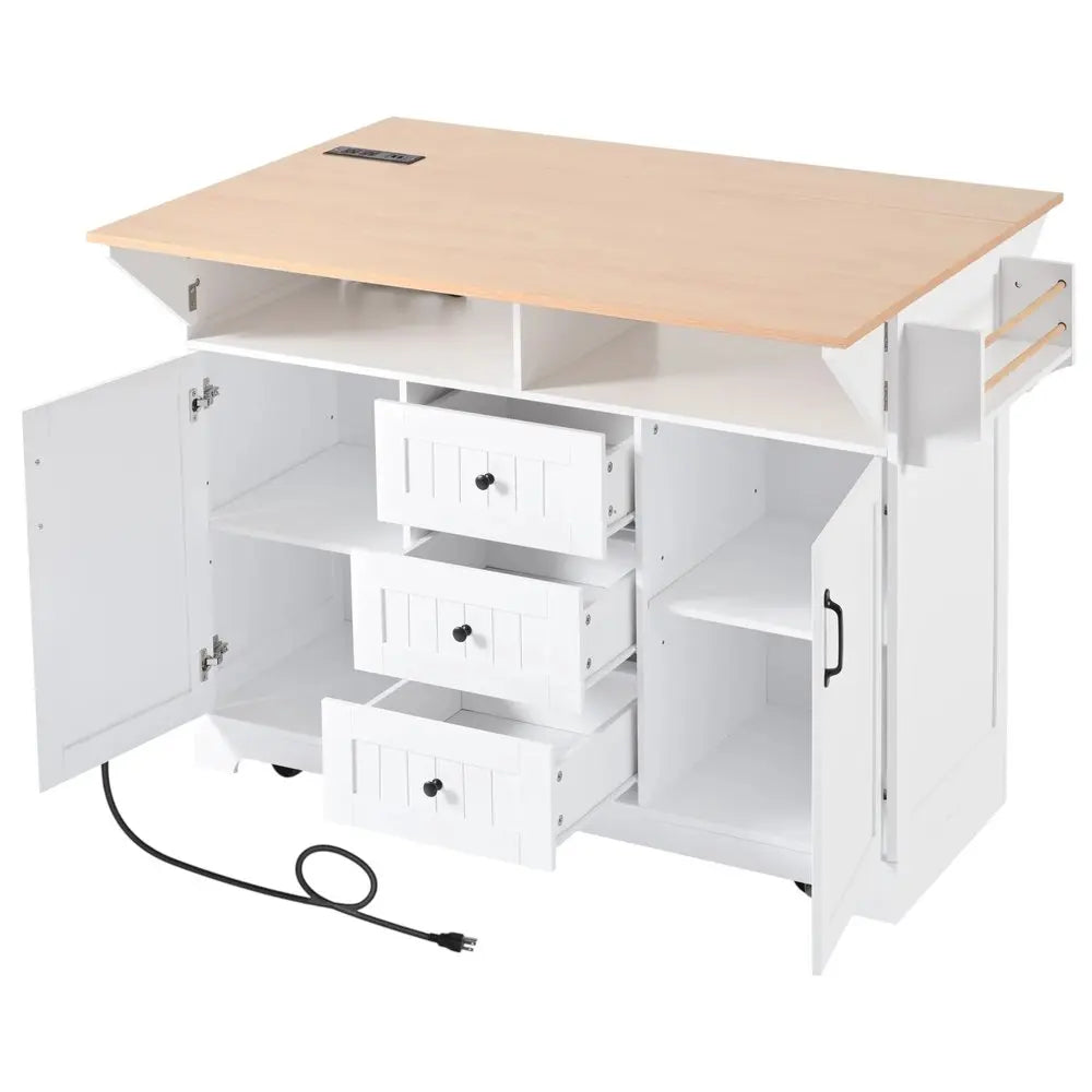 56" White Wood Barn Door Rolling Kitchen Island With Storage With USB - NOVA HOME FURNITURE