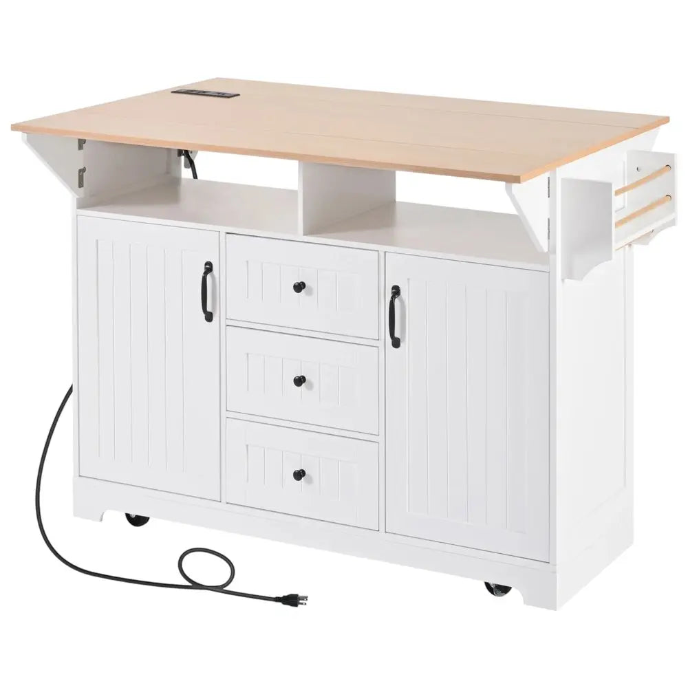 56" White Wood Barn Door Rolling Kitchen Island With Storage With USB - NOVA HOME FURNITURE