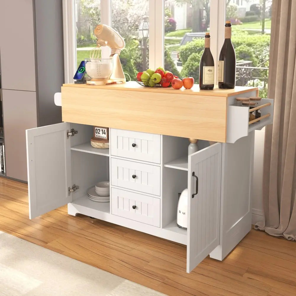 56" White Wood Barn Door Rolling Kitchen Island With Storage With USB - NOVA HOME FURNITURE