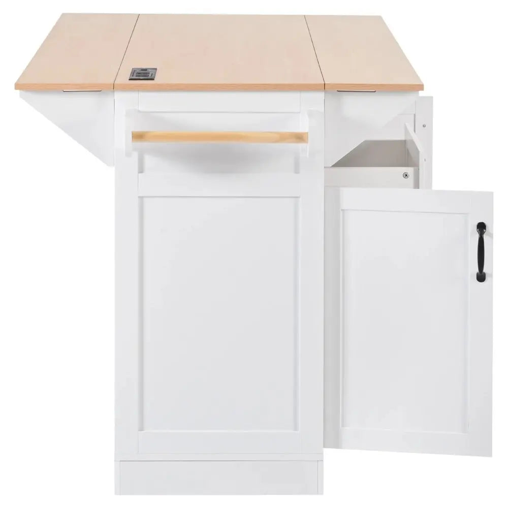 56" White Wood Barn Door Rolling Kitchen Island With Storage With USB - NOVA HOME FURNITURE