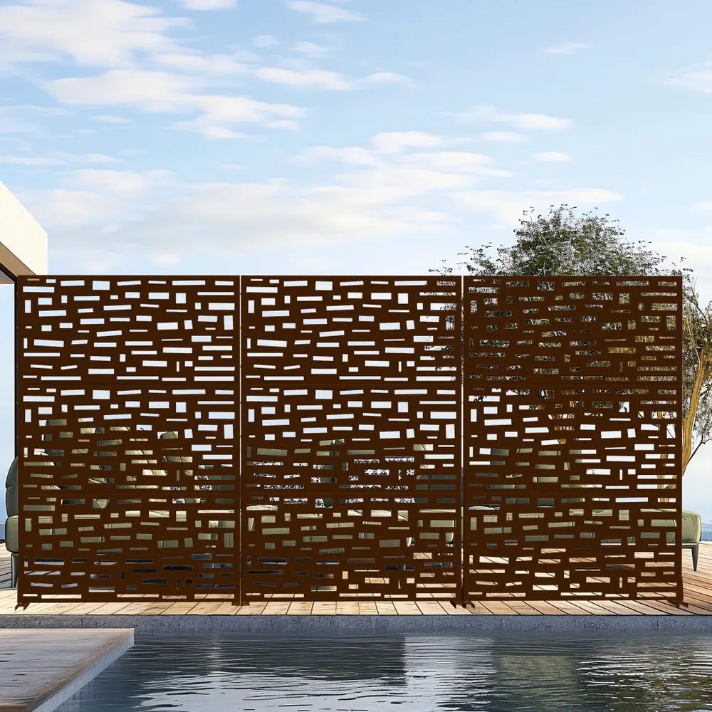 72" Brown Steel Three Panel Screen Room Divider HomeRoots