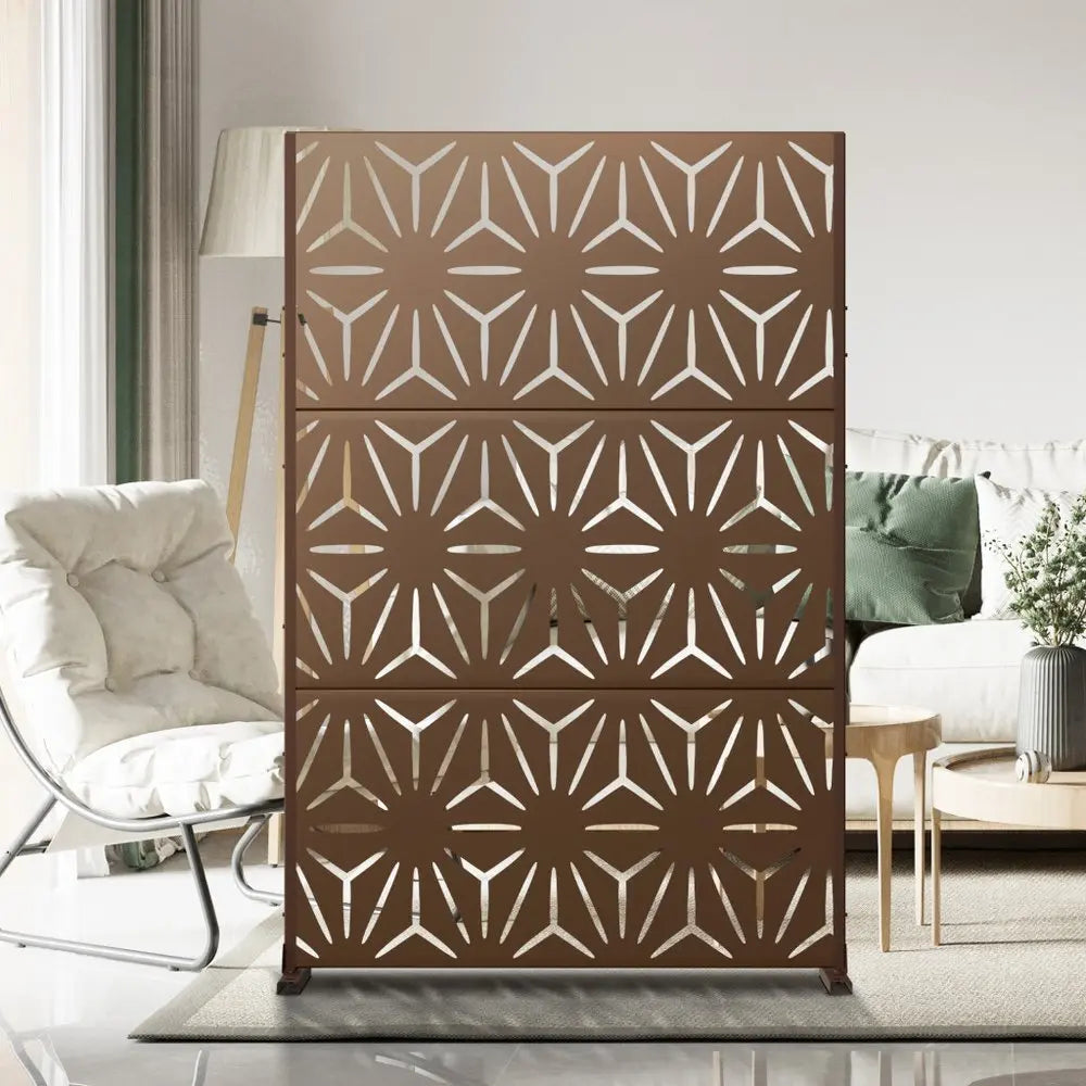 72" Brown Steel Three Panel Screen Room Divider HomeRoots