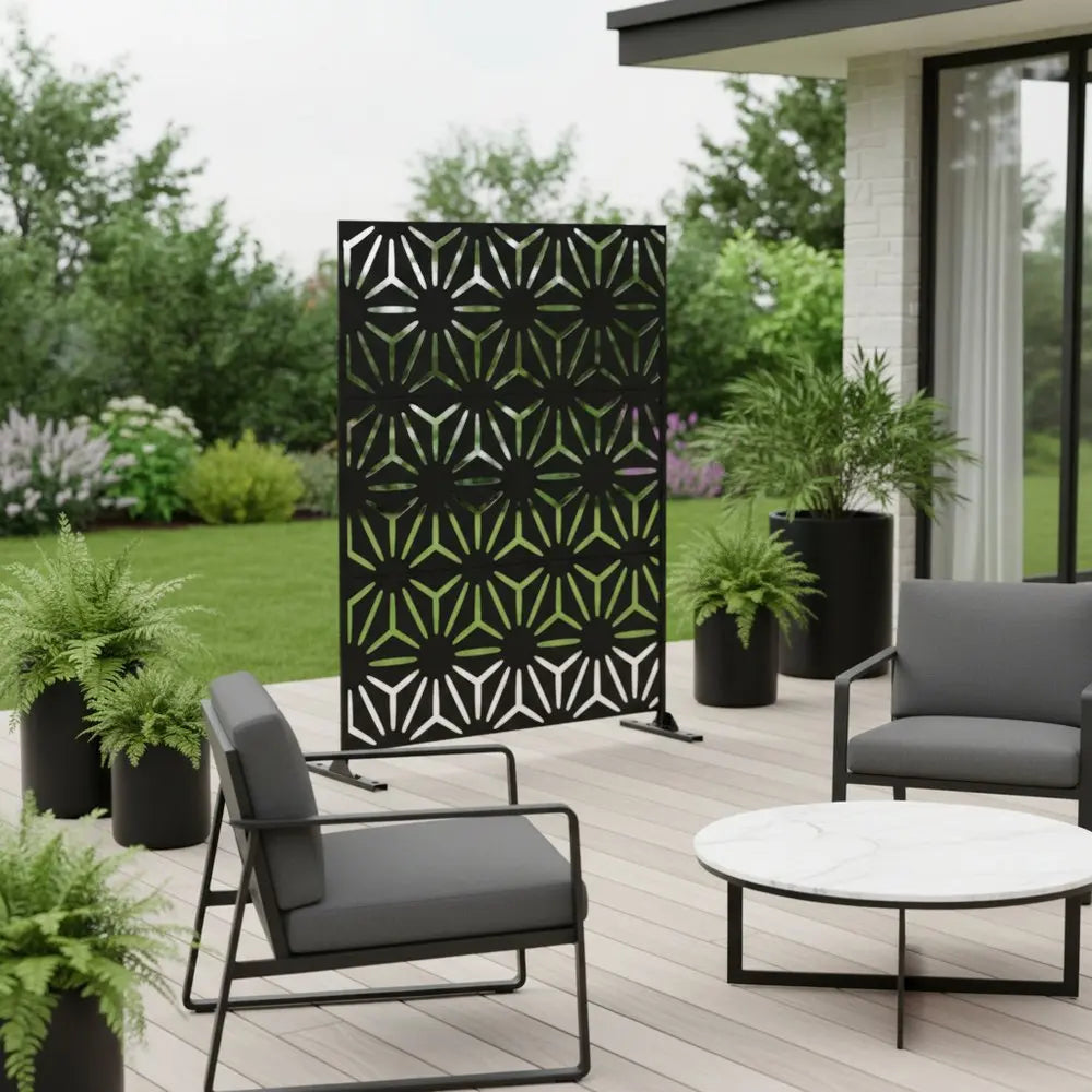 75" Black Steel Three Panel Screen Room Divider HomeRoots