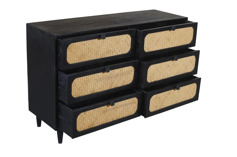 56" Black And Natural Solid Wood And Rattan Six Drawer Double Dresser HomeRoots