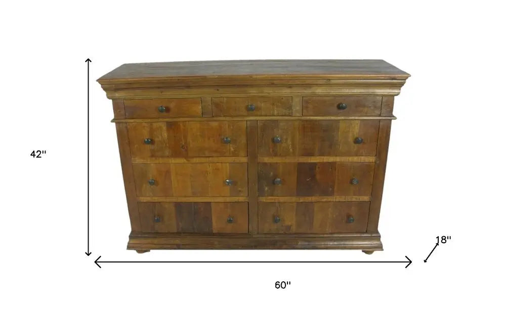 60" Brown Reclaimed Wood Nine Drawer Double Dresser HomeRoots