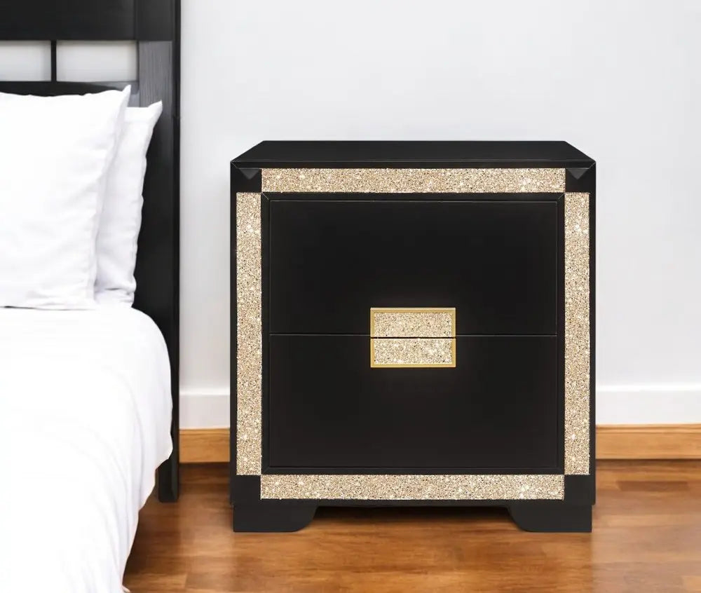 26" Black and Gold Two Drawer Faux Crystal Bling Wood Nightstand HomeRoots