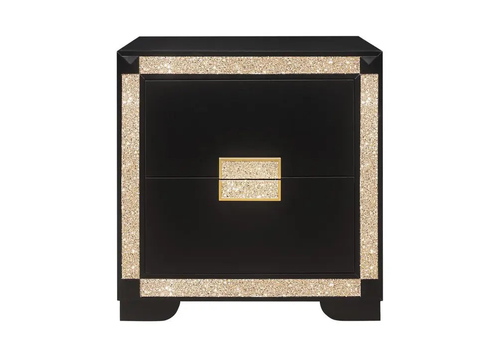 26" Black and Gold Two Drawer Faux Crystal Bling Wood Nightstand HomeRoots