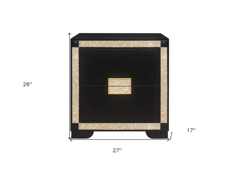 26" Black and Gold Two Drawer Faux Crystal Bling Wood Nightstand HomeRoots