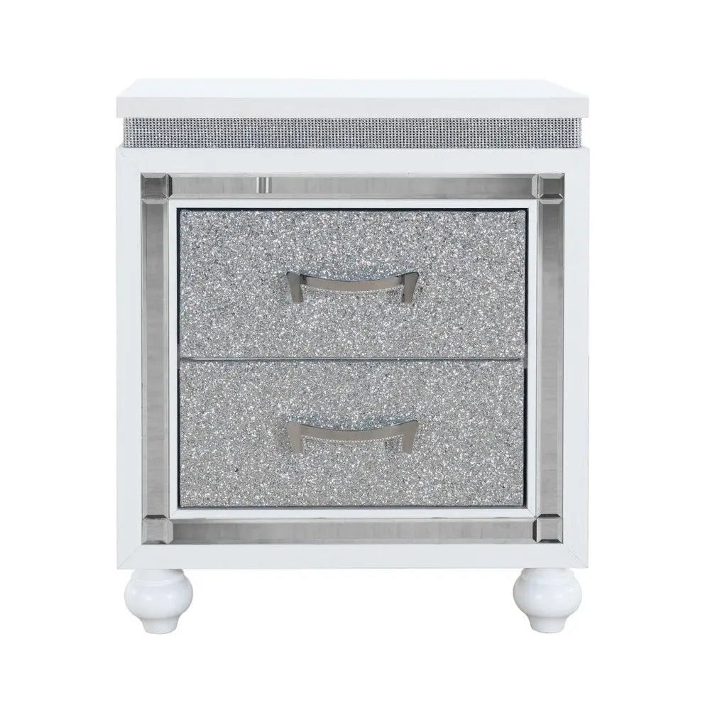 22" White and Silver Two Drawer Faux Crystal Bling Wood Nightstand HomeRoots